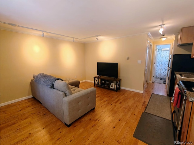 living area featuring rail lighting, ornamental molding, light wood-type flooring, and baseboards