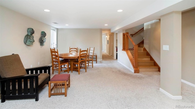 dining area with carpet floors, recessed lighting, baseboards, and stairs