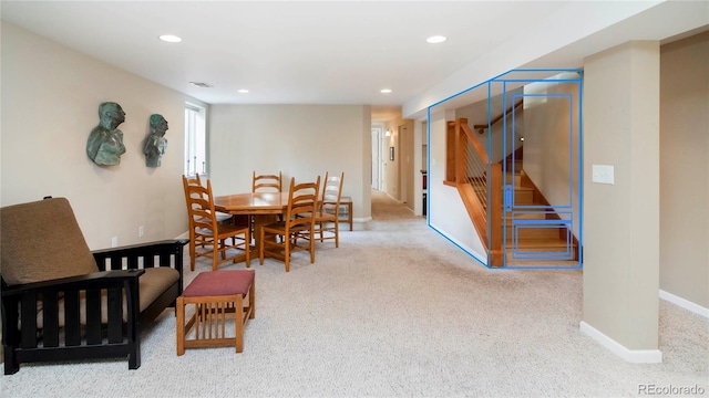 dining area featuring stairs, recessed lighting, carpet, and baseboards