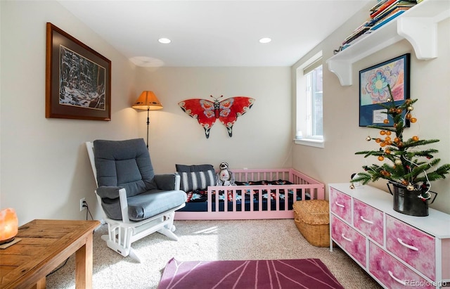 carpeted bedroom with recessed lighting