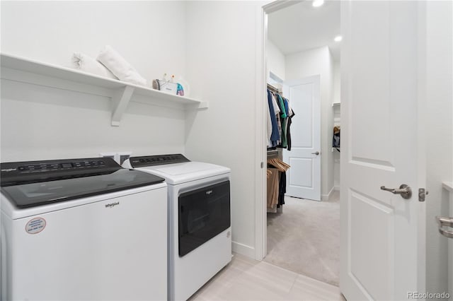 3147 S Quaker St, Morrison, CO 80465 - laundry area featuring washer and dryer, light colored carpet, and recessed lighting
