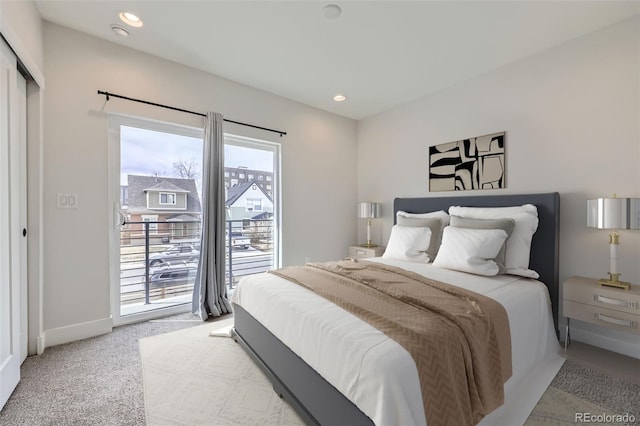 bedroom featuring carpet flooring, recessed lighting, baseboards, and access to outside