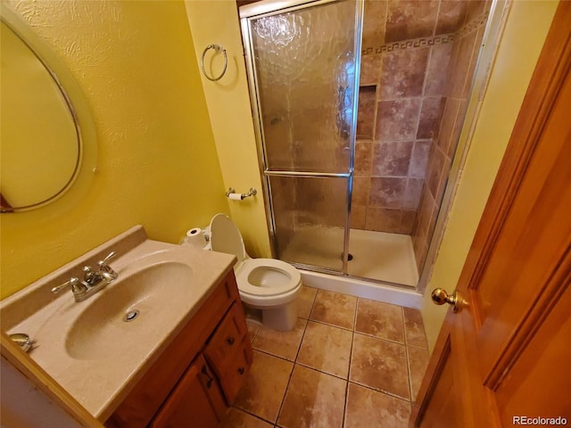 full bathroom featuring a shower stall, vanity, and tile patterned flooring