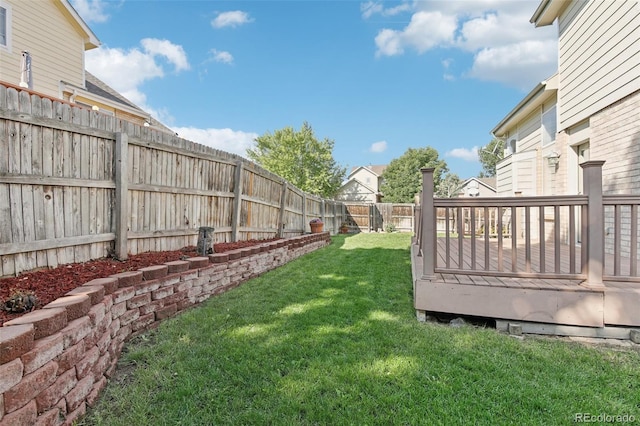 view of yard with a fenced backyard and a deck