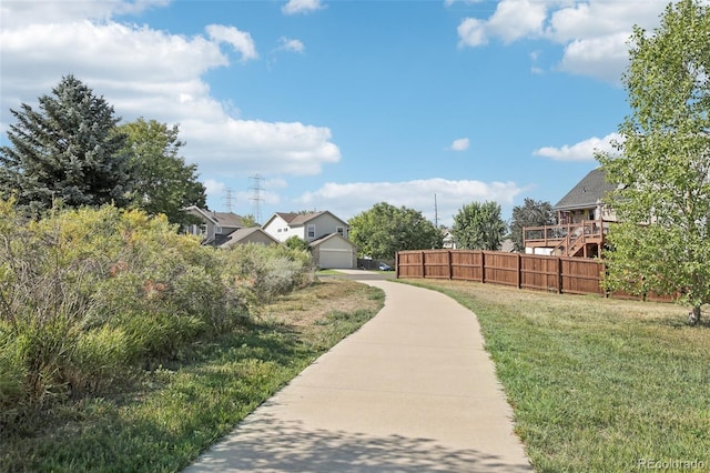 view of home's community featuring fence and a yard