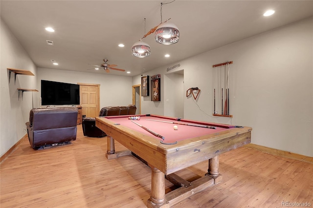 recreation room featuring pool table, ceiling fan, and light hardwood / wood-style floors