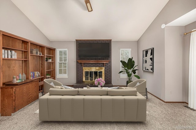 living area featuring light colored carpet, a fireplace, baseboards, and lofted ceiling