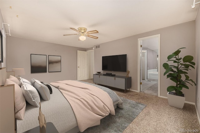 bedroom featuring visible vents, connected bathroom, baseboards, carpet floors, and a ceiling fan