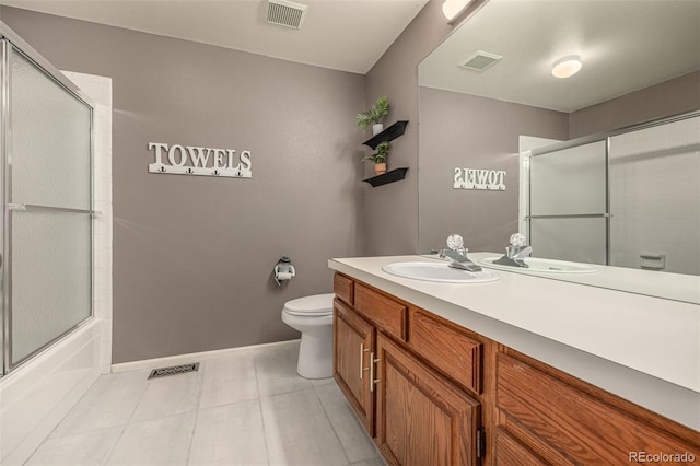 full bath featuring visible vents, toilet, vanity, and tile patterned flooring