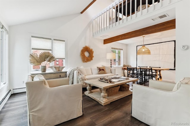 living room with lofted ceiling with beams, a baseboard radiator, and dark hardwood / wood-style floors