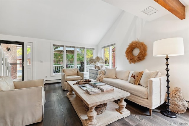 living room featuring high vaulted ceiling, a baseboard radiator, beam ceiling, and dark hardwood / wood-style flooring