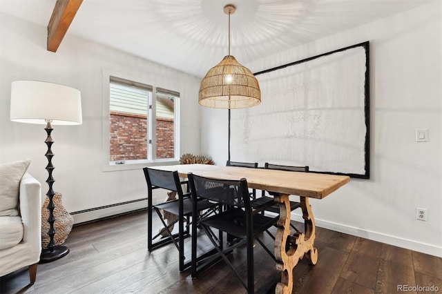 dining area featuring baseboard heating, beamed ceiling, and hardwood / wood-style flooring