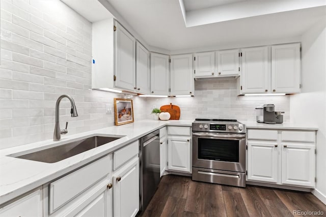 kitchen with stainless steel appliances, white cabinetry, sink, light stone counters, and dark wood-type flooring