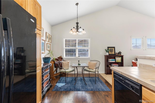 living area featuring dark wood-type flooring, high vaulted ceiling, baseboards, and an inviting chandelier