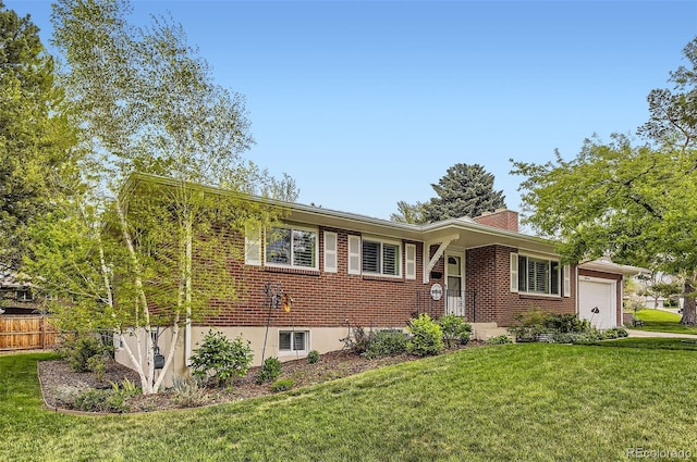 single story home featuring a garage, brick siding, and a chimney