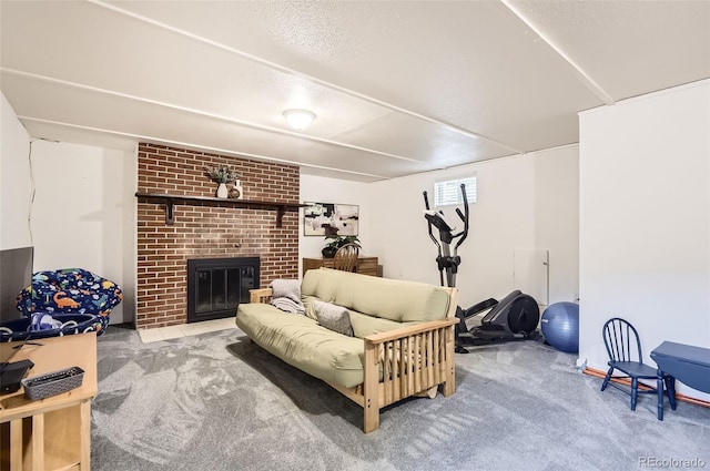 carpeted living area with a brick fireplace