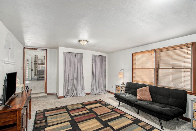 carpeted living room with a textured ceiling