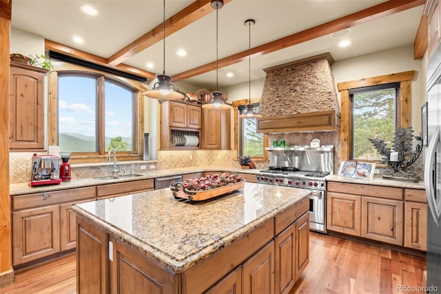 kitchen with premium range hood, a kitchen island, plenty of natural light, appliances with stainless steel finishes, and sink