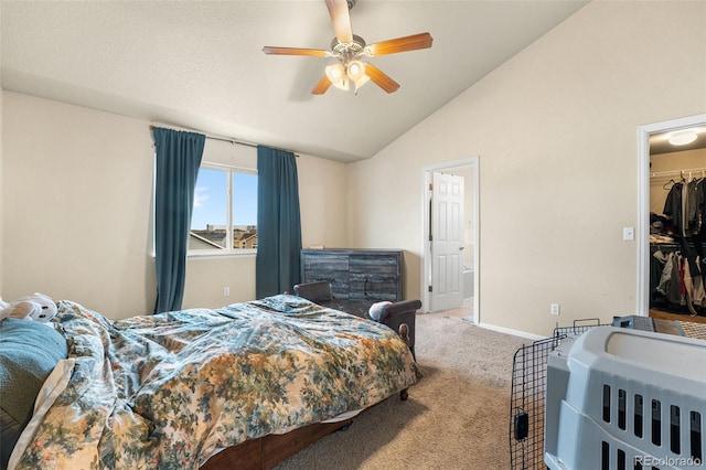 carpeted bedroom with a walk in closet, a closet, lofted ceiling, and ceiling fan