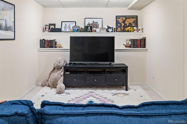 living room featuring carpet and a drop ceiling