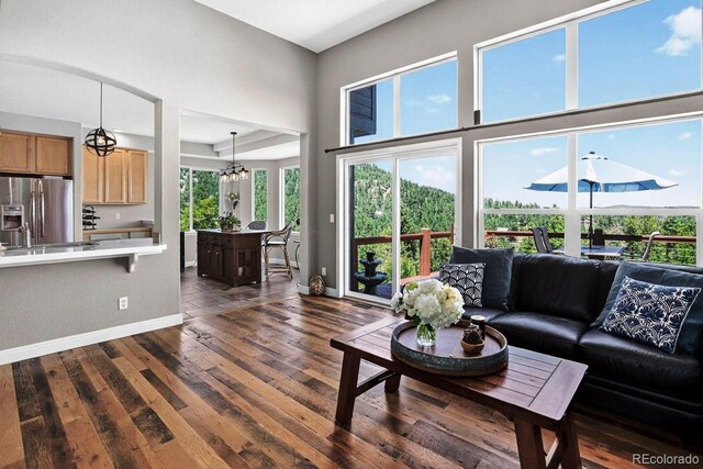 30889 Manitoba Dr, Evergreen, CO 80439 - living room featuring dark wood-style floors and a towering ceiling