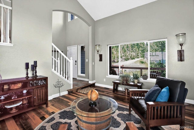 30889 Manitoba Dr, Evergreen, CO 80439 - living room with wood finished floors, healthy amount of natural light, arched walkways, and high vaulted ceiling