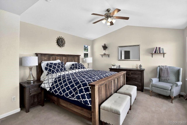 30889 Manitoba Dr, Evergreen, CO 80439 - bedroom with light colored carpet, lofted ceiling, and ceiling fan