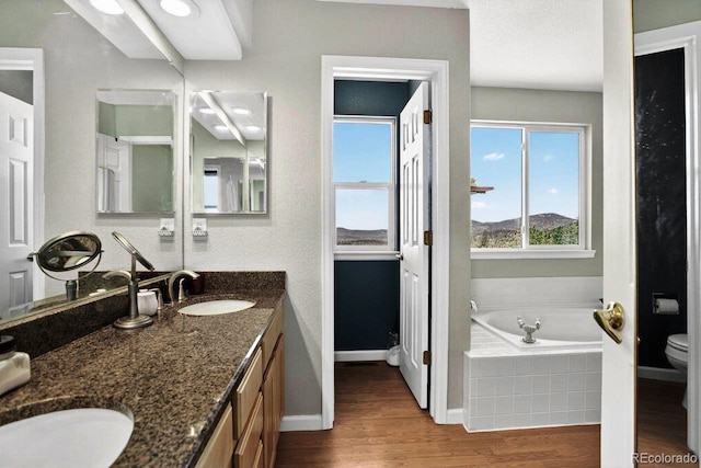30889 Manitoba Dr, Evergreen, CO 80439 - bathroom with double vanity, a garden tub, and wood finished floors