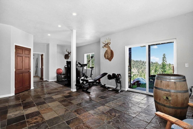 30889 Manitoba Dr, Evergreen, CO 80439 - workout room featuring stone tile flooring, recessed lighting, and a textured ceiling