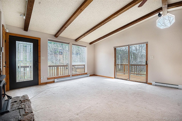 70 Silver Springs Rd, Bailey, CO 80421 - unfurnished living room with a baseboard heating unit, beam ceiling, light colored carpet, baseboards, and high vaulted ceiling