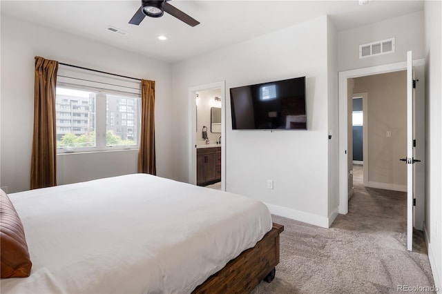 4184 Kalamath St, Denver, CO 80211 - bedroom with carpet, baseboards, ensuite bath, and a ceiling fan