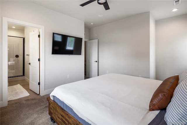 4184 Kalamath St, Denver, CO 80211 - carpeted bedroom with recessed lighting, ceiling fan, and connected bathroom