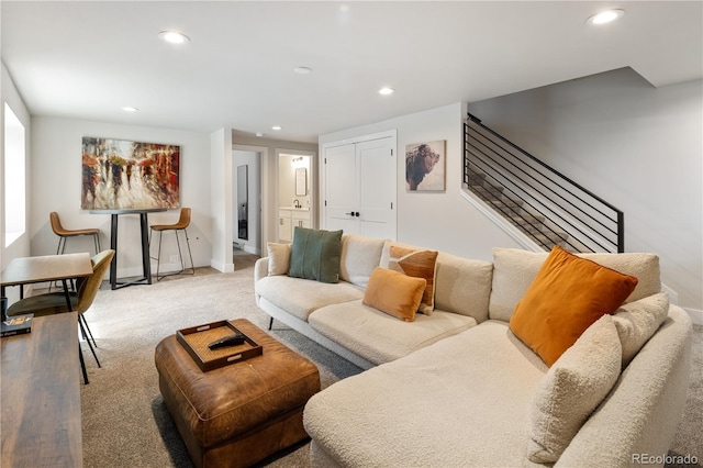 4184 Kalamath St, Denver, CO 80211 - carpeted living area featuring recessed lighting, stairway, and baseboards