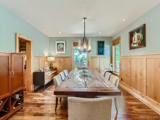 3135 11th St, Boulder, CO 80304 - dining room with wainscoting, a chandelier, wood finished floors, and recessed lighting