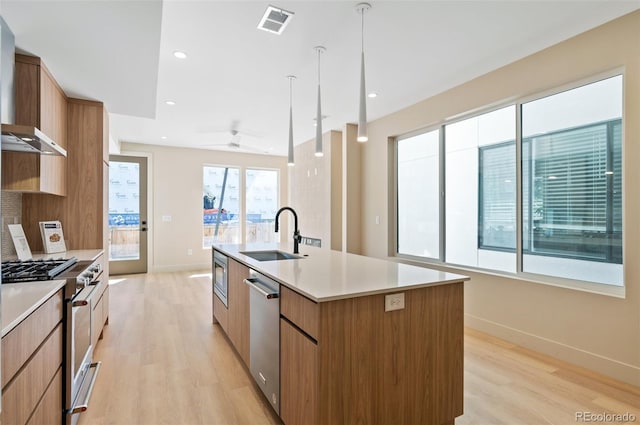 kitchen with light hardwood / wood-style flooring, appliances with stainless steel finishes, sink, decorative light fixtures, and an island with sink