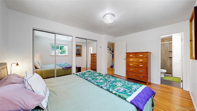 bedroom featuring ensuite bathroom, wood-type flooring, and two closets