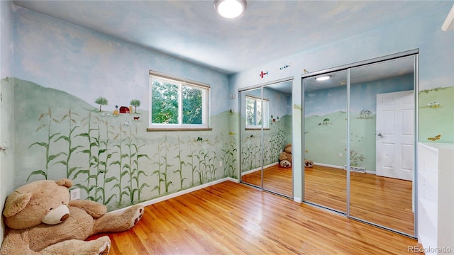 unfurnished bedroom featuring two closets and wood-type flooring