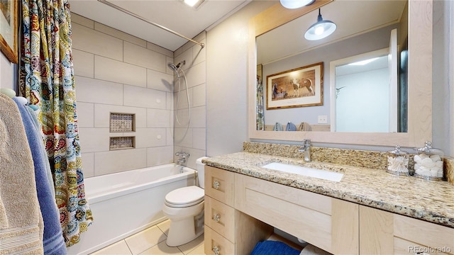 full bathroom with toilet, tile patterned flooring, shower / bathtub combination with curtain, and vanity