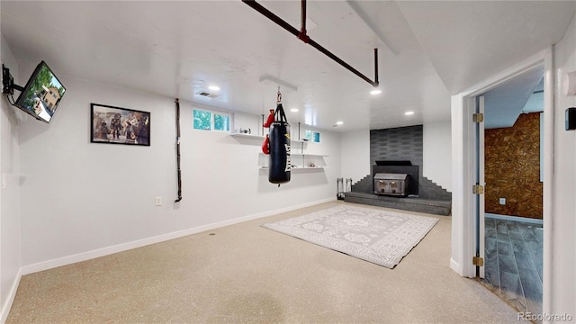 basement with a wood stove