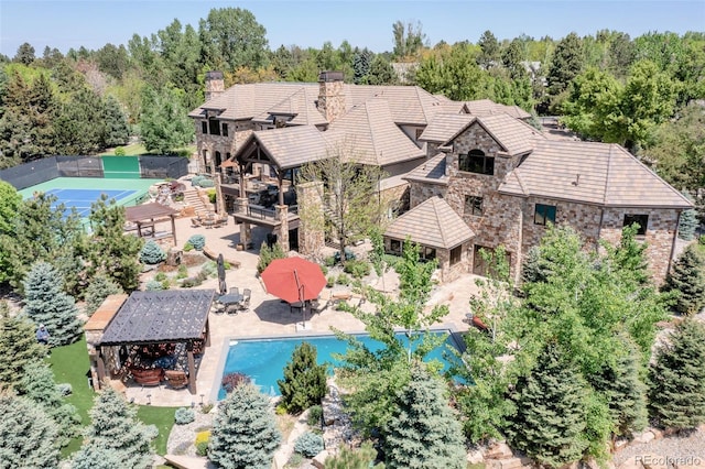 view from above of property with a pool