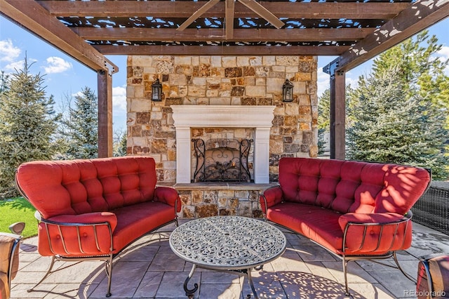 view of patio / terrace featuring an outdoor living space with a fireplace and a pergola