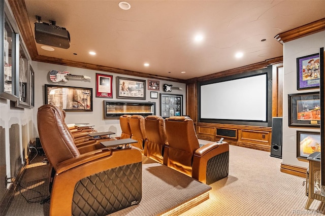 cinema featuring crown molding, carpet floors, and recessed lighting