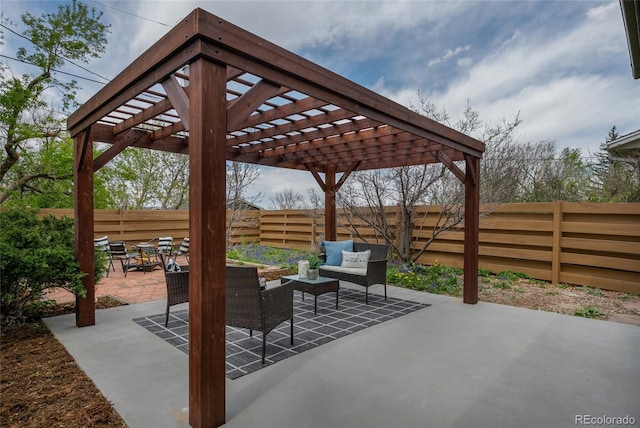4655 Ludlow St, Boulder, CO 80305 - view of patio with an outdoor living space, a pergola, and a fenced backyard