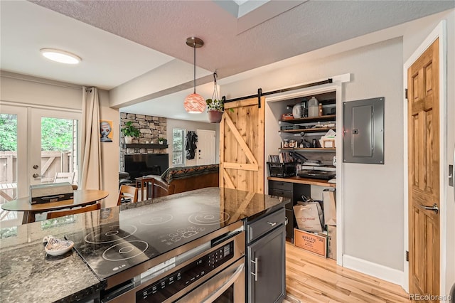 6213 Willow Ln, Boulder, CO 80301 - kitchen featuring electric panel, a barn door, light wood finished floors, stainless steel oven, and dark stone countertops