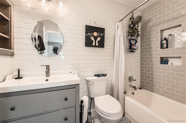 6213 Willow Ln, Boulder, CO 80301 - bathroom featuring tile walls, vanity, and shower / bath combo with shower curtain