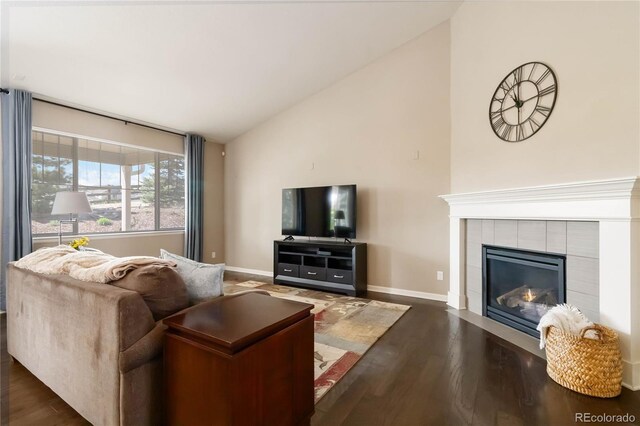 2724 Rising Moon Way, Castle Rock, CO 80109 - living area featuring lofted ceiling, dark wood-type flooring, baseboards, and a fireplace