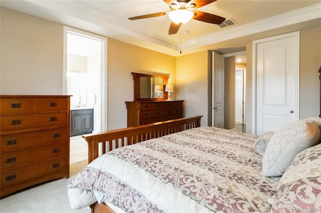 2724 Rising Moon Way, Castle Rock, CO 80109 - bedroom with light carpet, crown molding, connected bathroom, and a ceiling fan