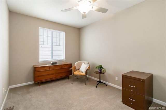 2724 Rising Moon Way, Castle Rock, CO 80109 - sitting room featuring a ceiling fan, light carpet, and baseboards
