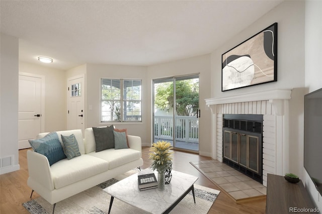 living room featuring a fireplace and light hardwood / wood-style floors