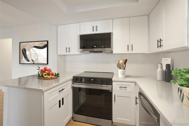 kitchen with decorative backsplash, white cabinetry, and stainless steel appliances